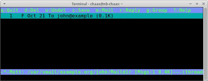 Mutt showing an email in the inbox