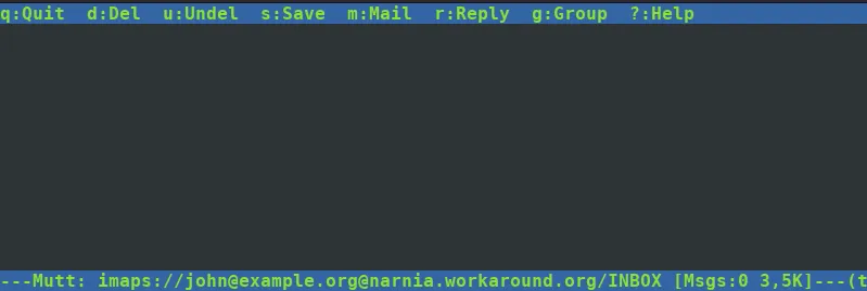 The mutt mail client showing an empty inbox