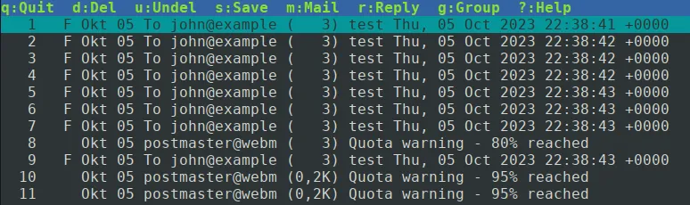 The mutt mail client showing quota warning emails